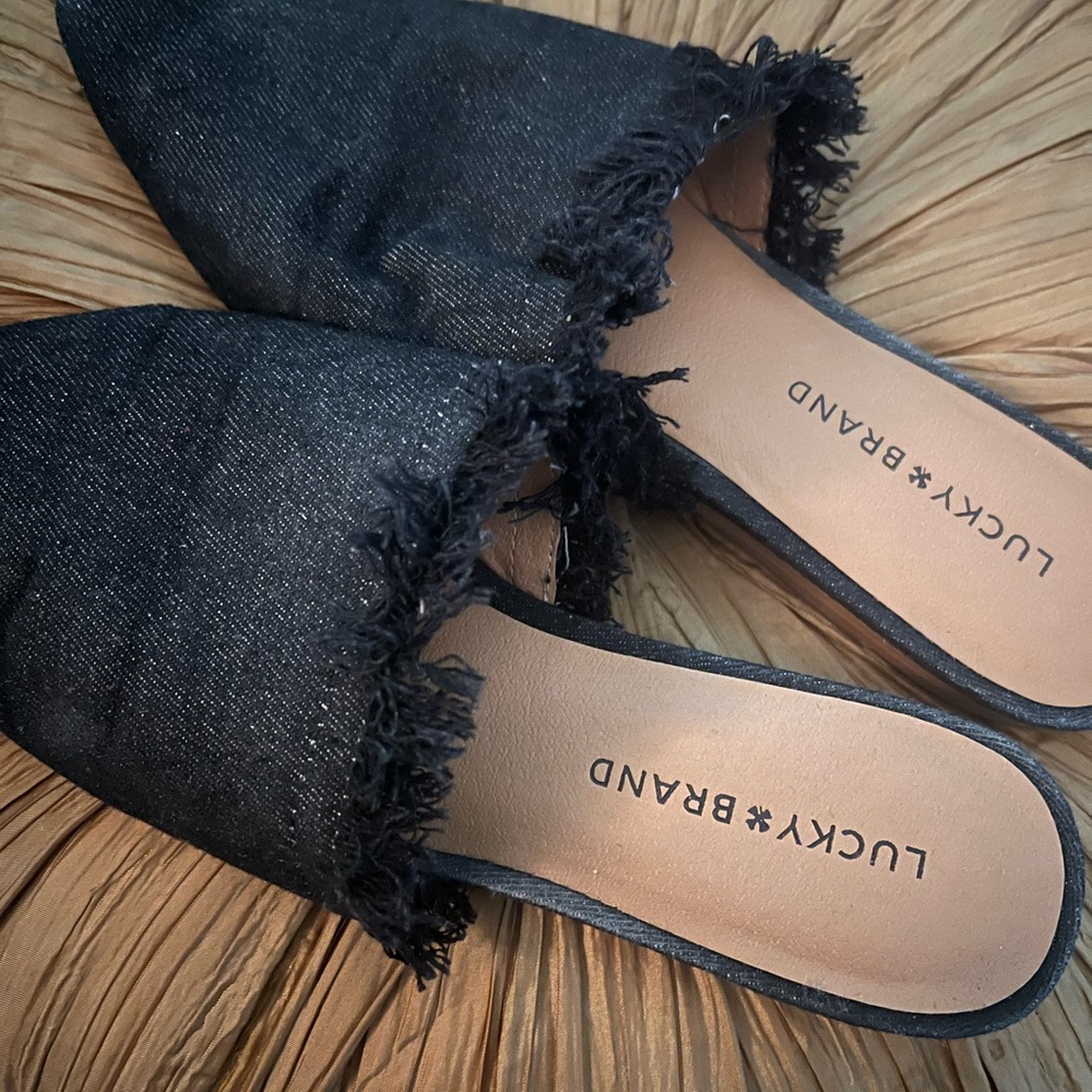 Women’s Black Denim wash fringed slides